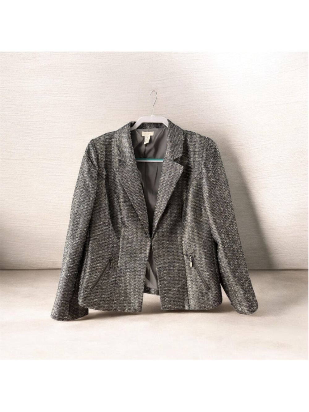 Women's Chico's Blazer Jacket Size S Grey Silver Metallic Tweed